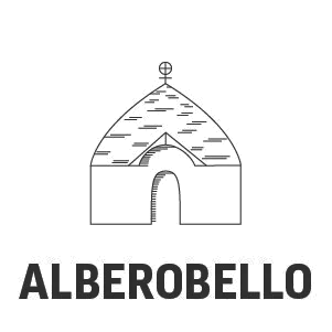 Line drawing of Alberobello trullo house, labeled ALBEROBELLO