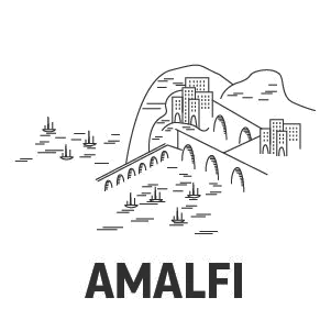 Line drawing of Amalfi coast cliffside town with boats, labeled AMALFI