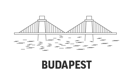 Line drawing of Budapest suspension bridge over the Danube, labeled BUDAPEST