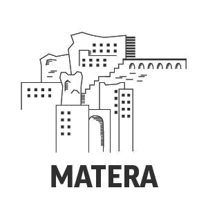 Line drawing of Matera cave houses and stairways, labeled MATERA