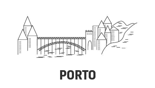 Line drawing of Porto skyline with the Dom Luís I bridge, labeled PORTO