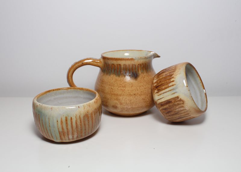Amber sake set: pitcher and two cups