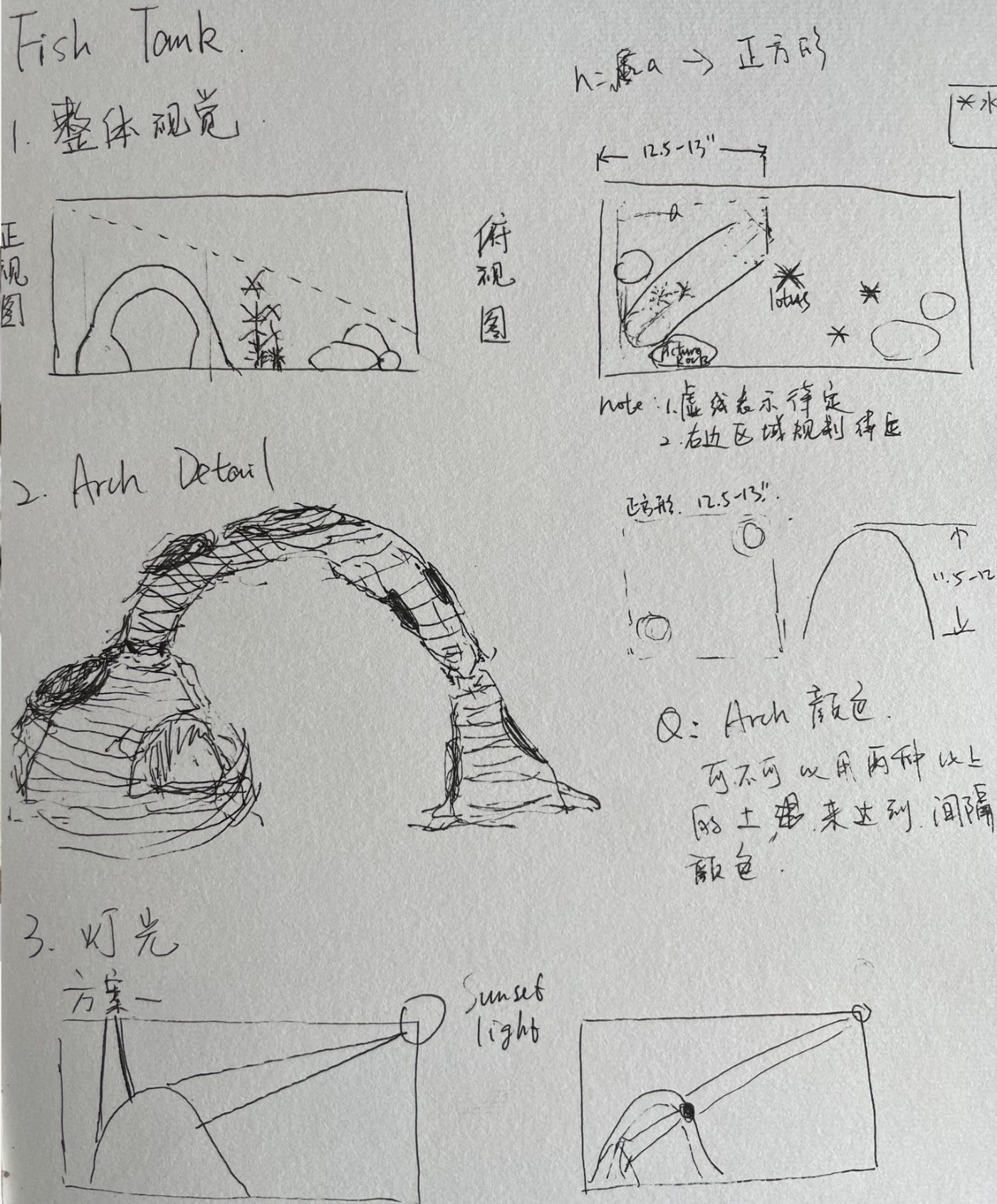 Pen sketch of the fish tank plan: front and top views, arch detail and lighting