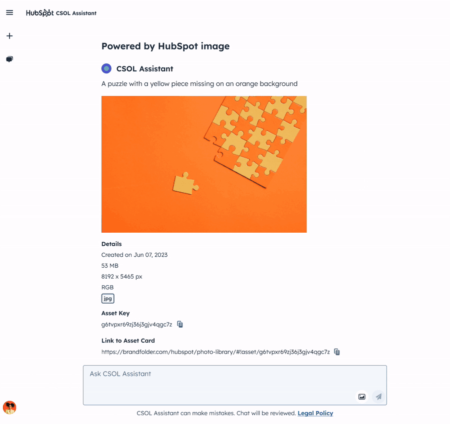 CSOL Assistant answering a request with matching landing page and campaign resources, plus page details