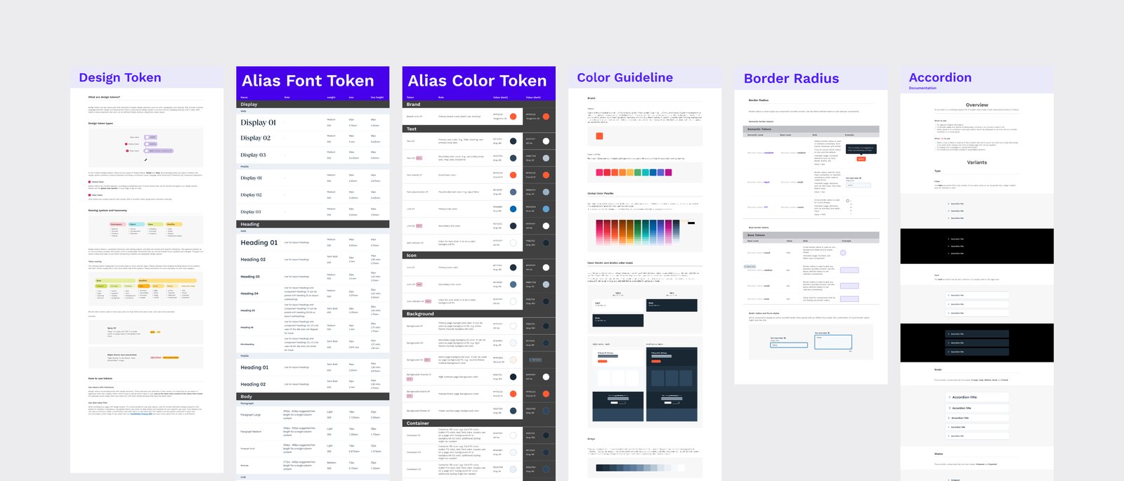 Design system documentation pages for design tokens, alias font and color tokens, color guidelines, border radius and accordion