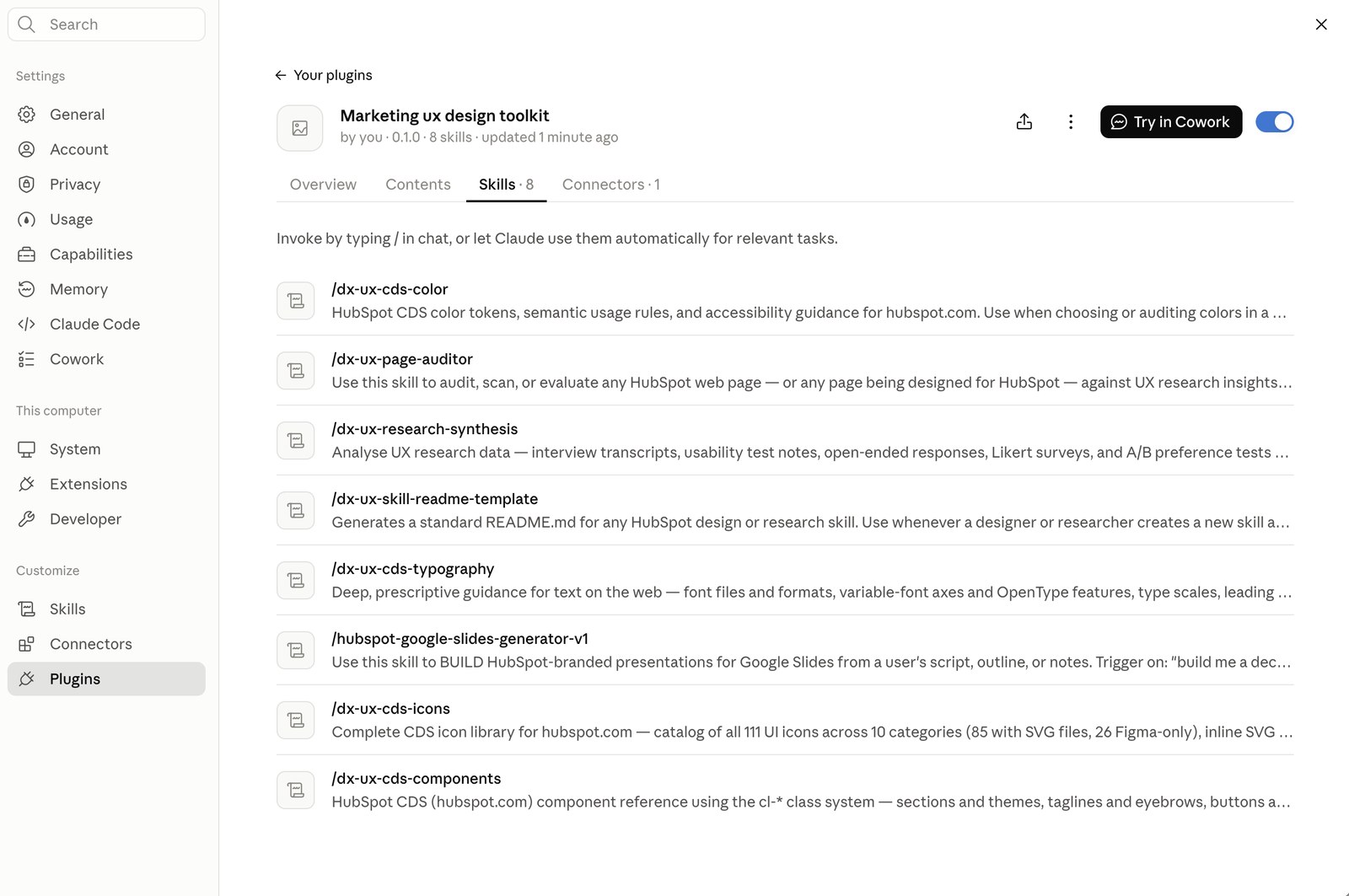 Marketing UX design toolkit plugin with eight skills for HubSpot CDS color, typography, icons, components, page auditing and research synthesis