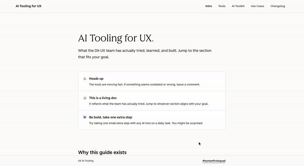 Walkthrough of the AI Tooling for UX site, including the AI Toolkit page listing Claude plugins and skills
