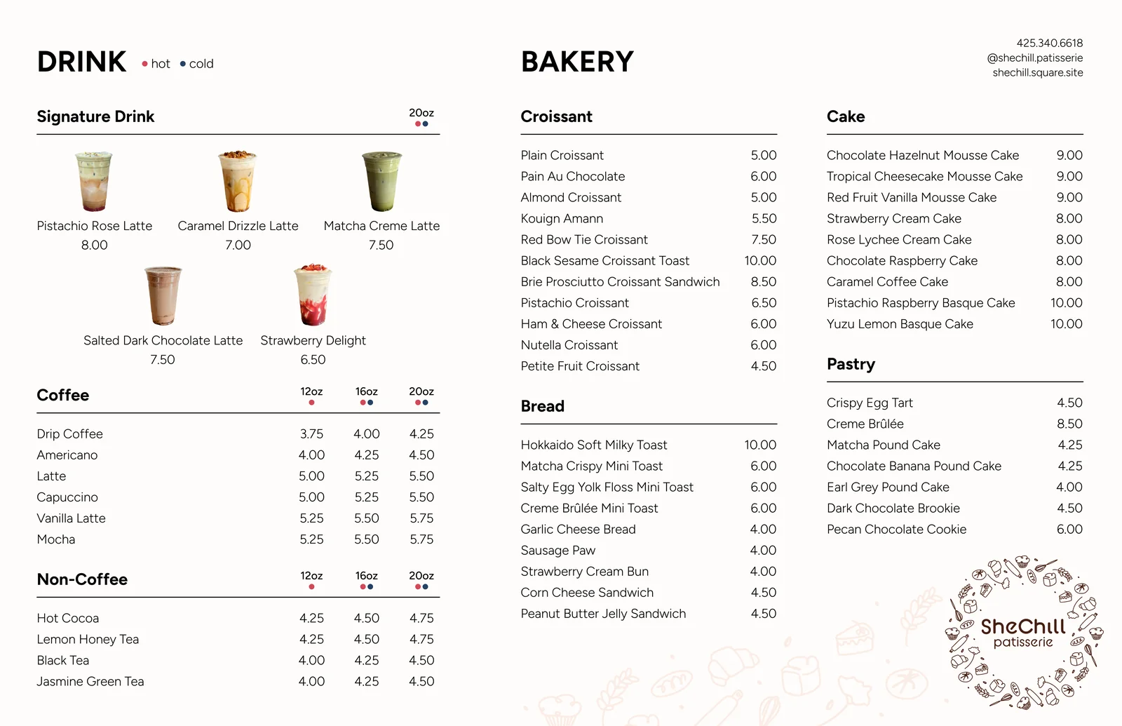 SheChill full menu with signature drinks, coffee, non-coffee, croissants, bread, cakes and pastries