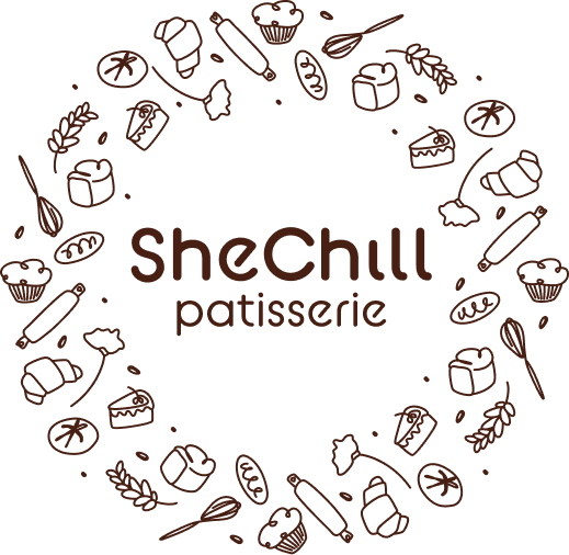 SheChill patisserie logo inside a ring of hand-drawn baking illustrations