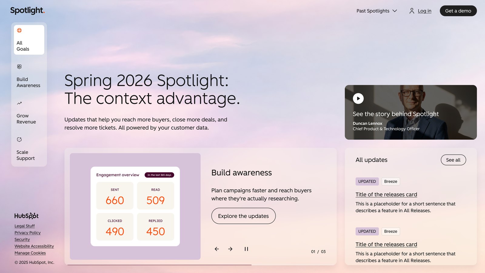 Spring 2026 Spotlight desktop page: The context advantage, with goal navigation, update carousel and video